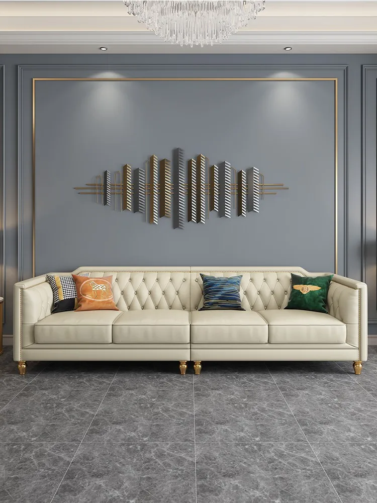 

Luxury leather sofa living room four-person in-line modern small-sized American one-line suit