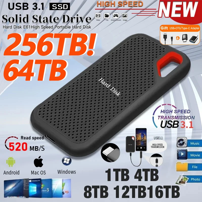 Portable Hard Drive Original SSD 256TB Portable Hard Drive 1TB High-speed Solid State USB3.1 Typec Mass Storage External Hard Disk for Laptop/PC/MAC portable hard drive