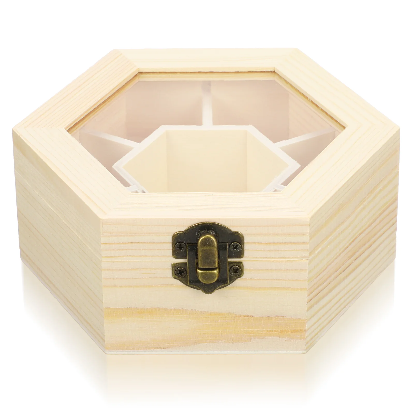 New Natural Plain Wooden Jewellery Crafts Storage Box With Glass Lid and Lock Hexagon Shaped Chest Storage Collection Box