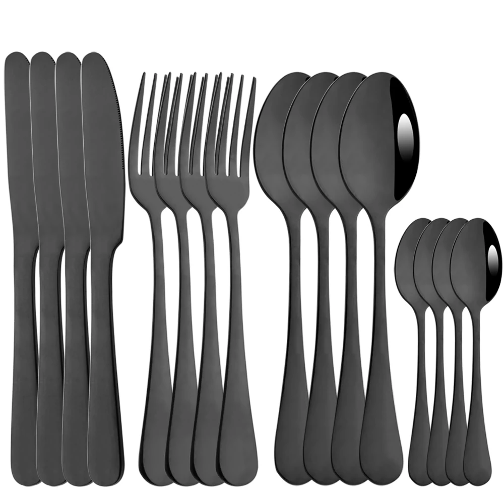 

Black 16Pcs Dinnerware Set Knife Fork Spoons Cutlery Flatware Stainless Steel Silverware Kitchen Dinner Western Tableware Set