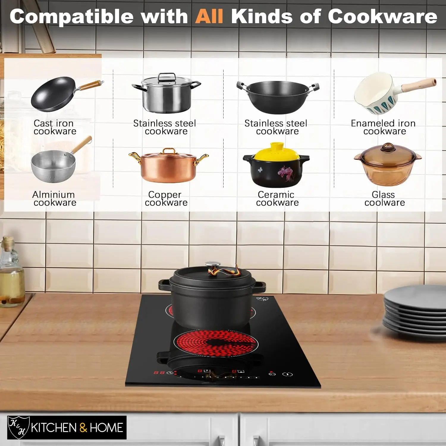 2 Two Burner Dual 12 Inch Built-in Electric Stove Top Radiant Ceramic Cooktop Sensor Touch Control 240V 3000W