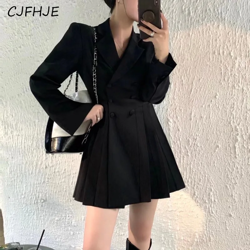 

CJFHJE New Women's Retro College Style Waistband Pleated Suit Dress Early Spring Korean Fashion Women Long Sleeved Mini Dresses