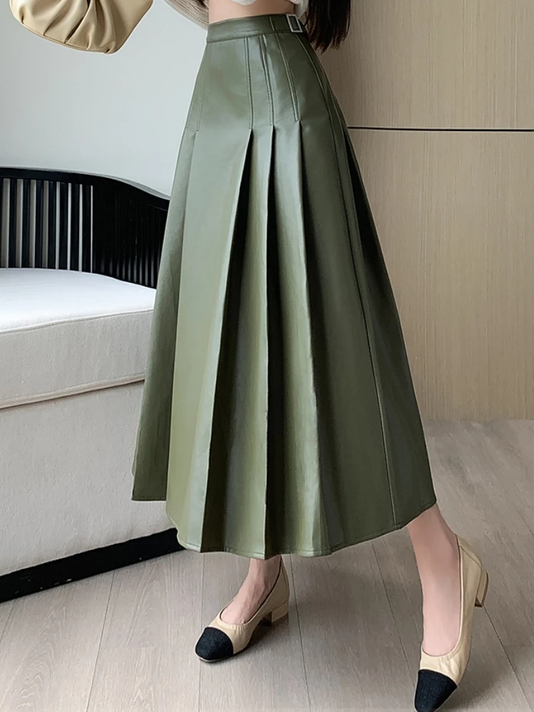 Qiukichonson Maxi Long Skirts Women Gothic Lolita Autumn Winter High Waist Pu Skirt Ladies A-Line Ruffle Pleated Black Skirt