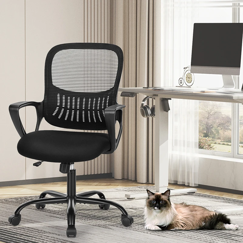 Sweetcrispy Ergonomic Office Chair Home Desk Mesh Chair with Fixed Armrest Executive Computer with Soft Foam Seat Cushion