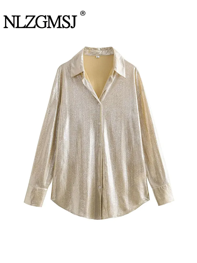 

Nlzgmsj TRAF 2023 Autumn Women Fashion Metal Style Gold sequins Solid Loose Blouse Streets Sexy Ladies Shirts