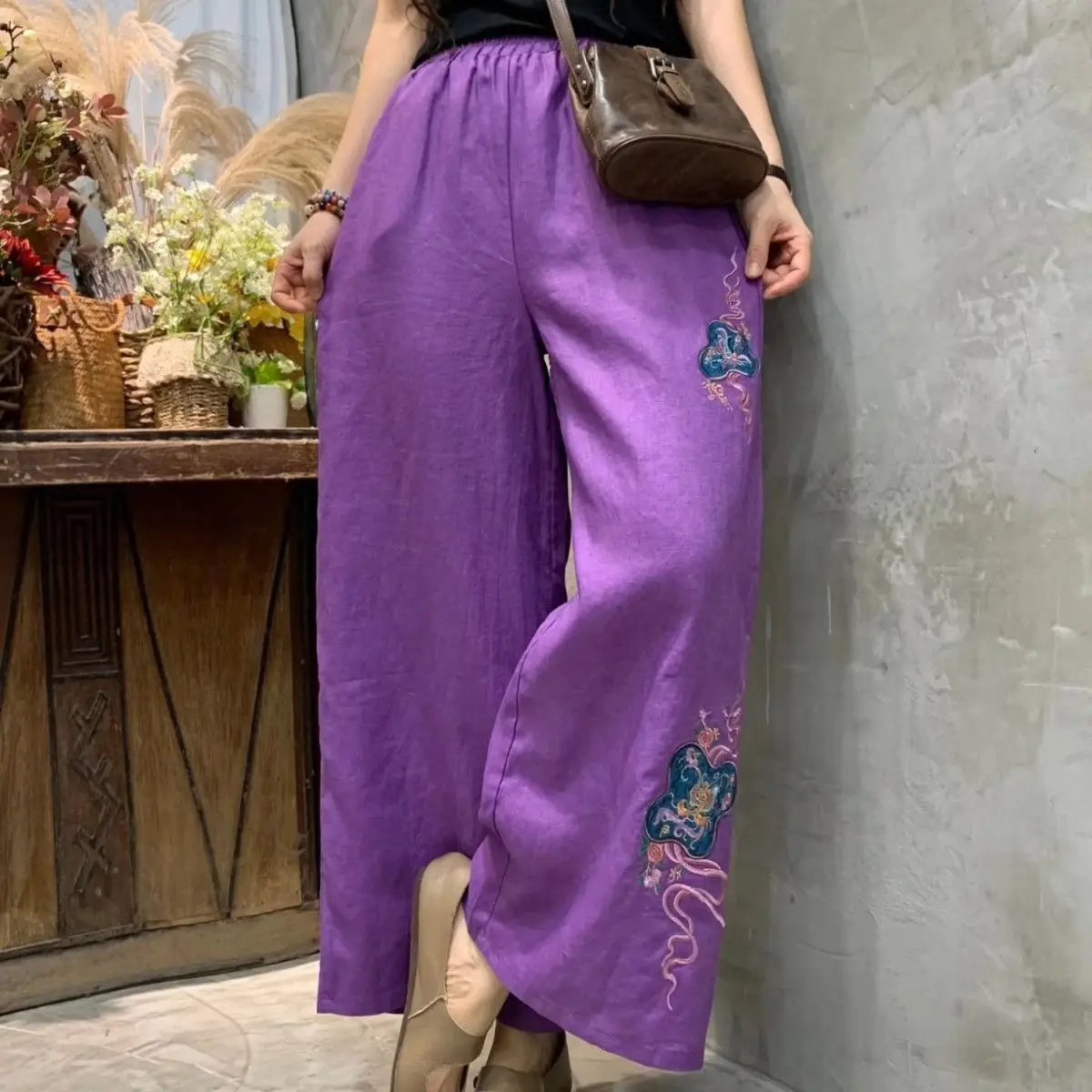 Fashion Chinese Style Trend Vintage Embroidery Straight Leg Pants Women Summer Loose Casual Wide Legs All-match Cropped Pants