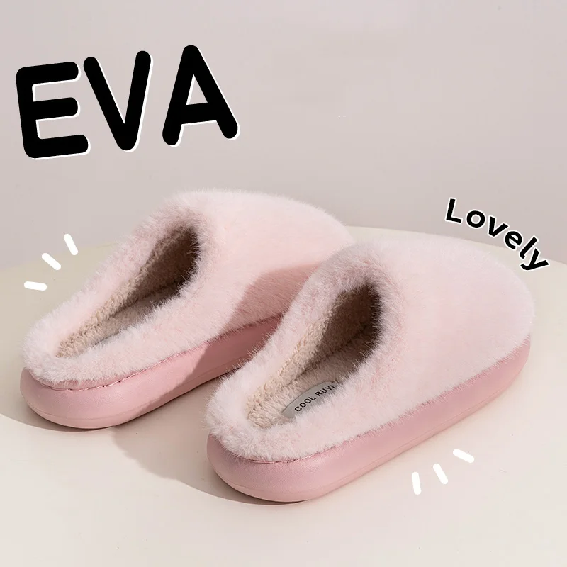 Winter Unisex Concise Solid Color Flat Plush Slippers Non-slip Warm Fluffy Mule Slides For Women Men Home Casual Cotton Shoes 3