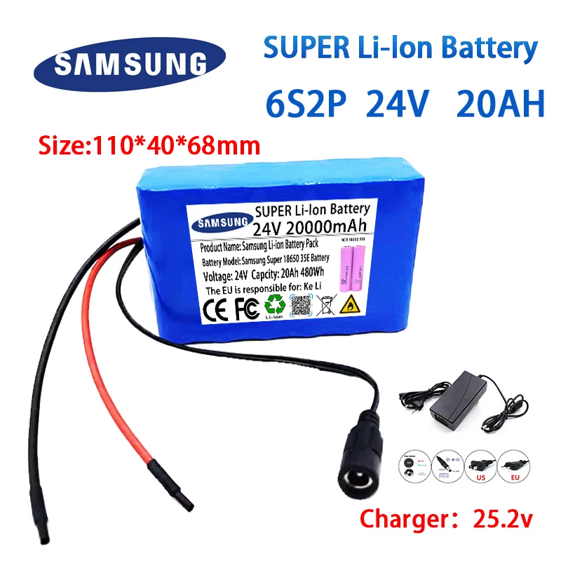 24V Electric Bicycle 20Ah 6S2P 25.2V 40000mAh 18650 Battery Moped Electric Scooter Lithium Ion Battery Pack BMS + 2A Charger