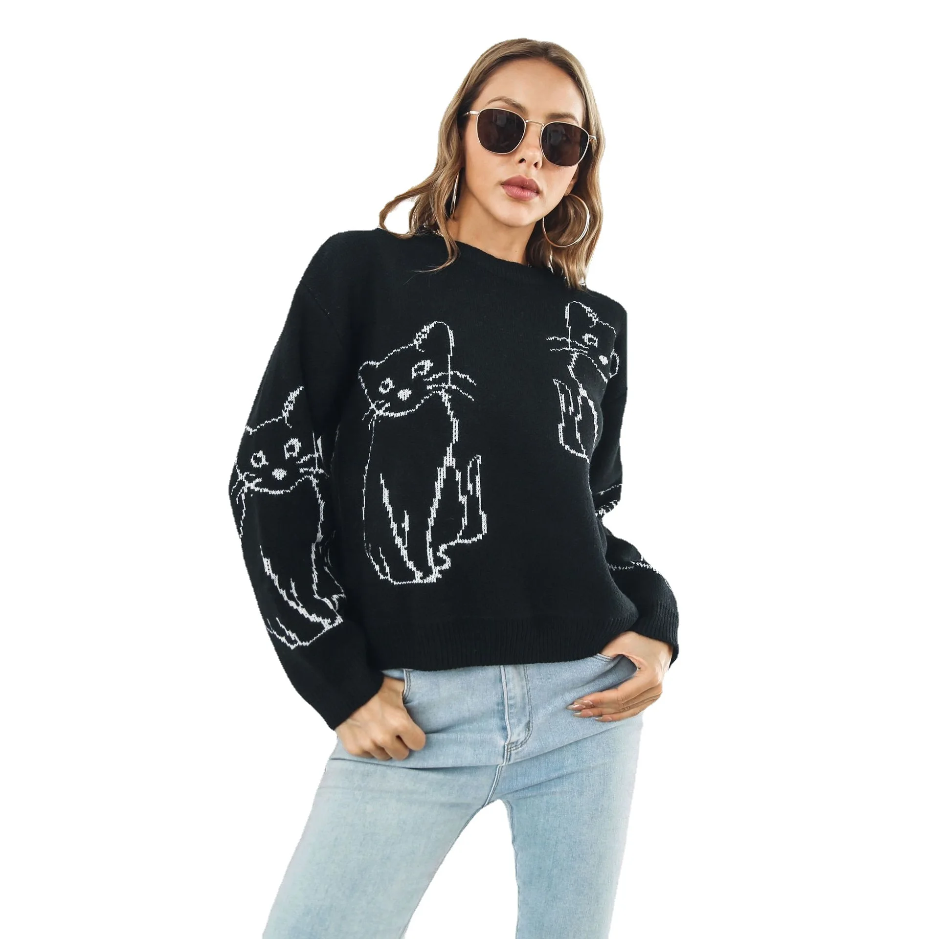 

Casual Women's Clothing O-Neck Sweaters Jumpers Pullovers Cat Tister Sweater Women Loose Autumn And Winter Long Sleeves knitting