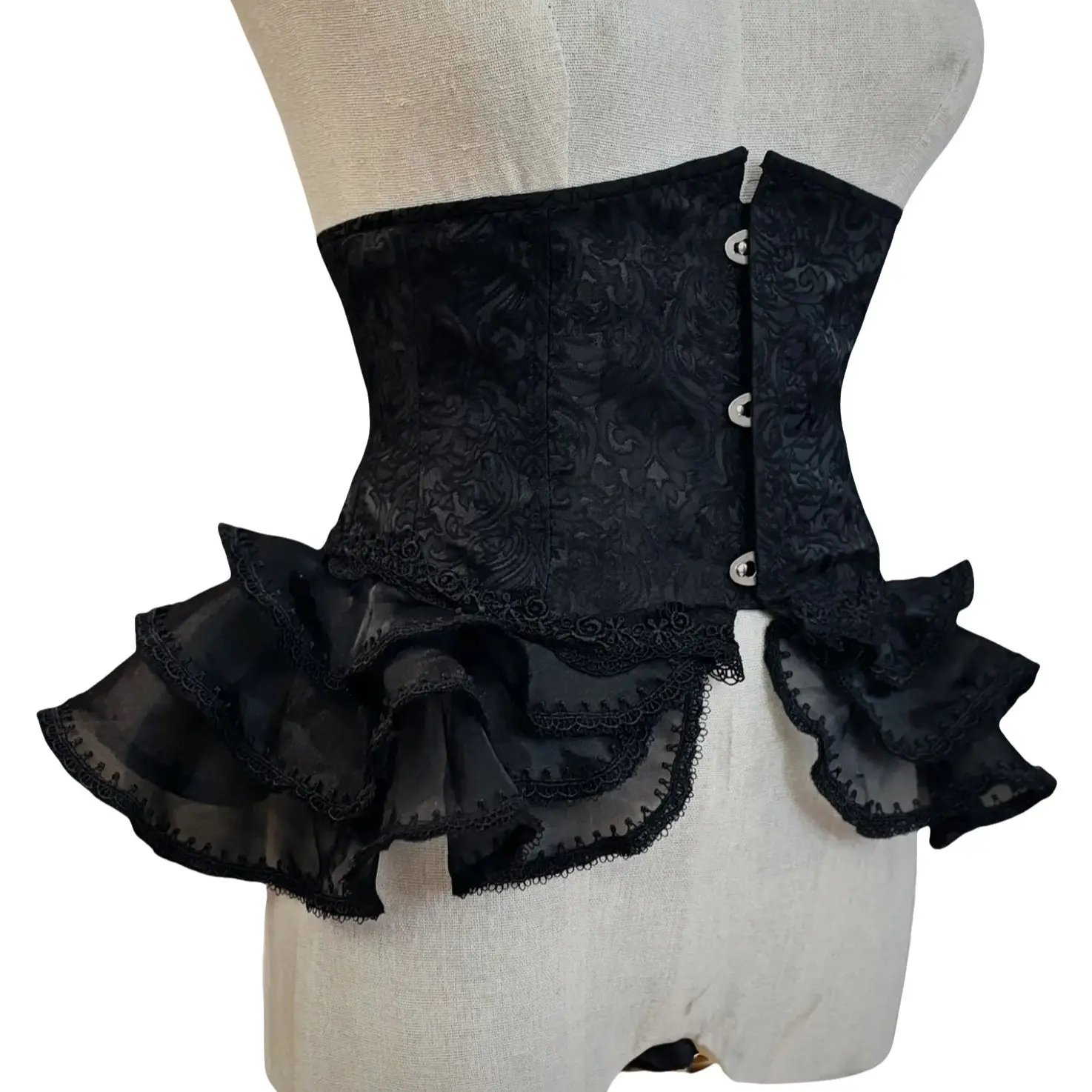 Women Fancy Corset Bustier Underbust Waist Trainer Lace Up Boned Vintage Printed Bodice Lace Ruffles Costume With 3 Metal Buckle
