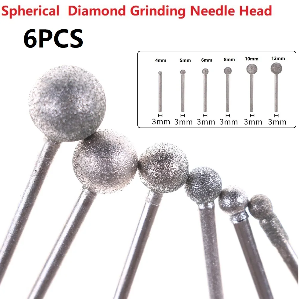 6 Pz/Lotto Diamante Tondo Sfera Burr Drill Bit Set Mola Utensili Diamantati Per Intaglio Incisione Perforazione 4-12Mm Dremel Strumenti