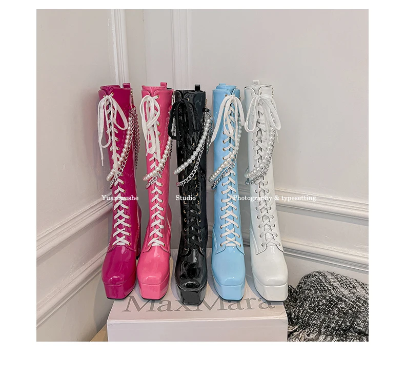 Shiny Patent Leather Super Platform Chunky Heel Metal Chain Pearl String Motorcycle Boots Cross Lace Up Side Zip Punk Knee Boots