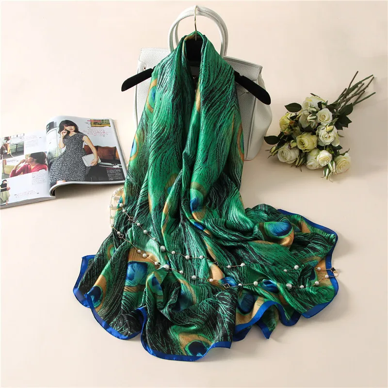 Fashion Print Shawl Scarf for Women Green Peacock Satin Silk Headband Wrap Pashmina Scarves Lady Beach Stoles Female Hijab New