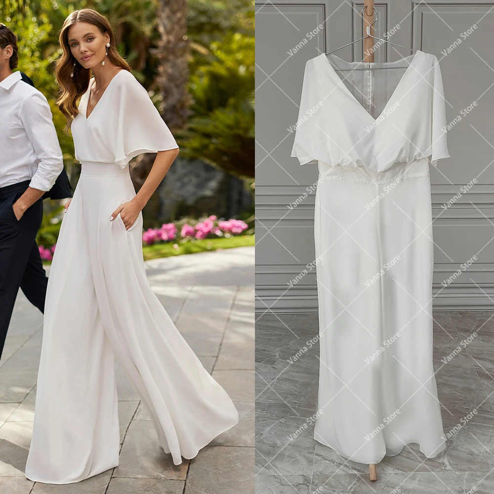 

Bloused V Neckline Three Quarter Flare Flowing Sleeves Wedding Dress With Pockets Sheath Low Back Jumpsuit Bridal Culotte Gown
