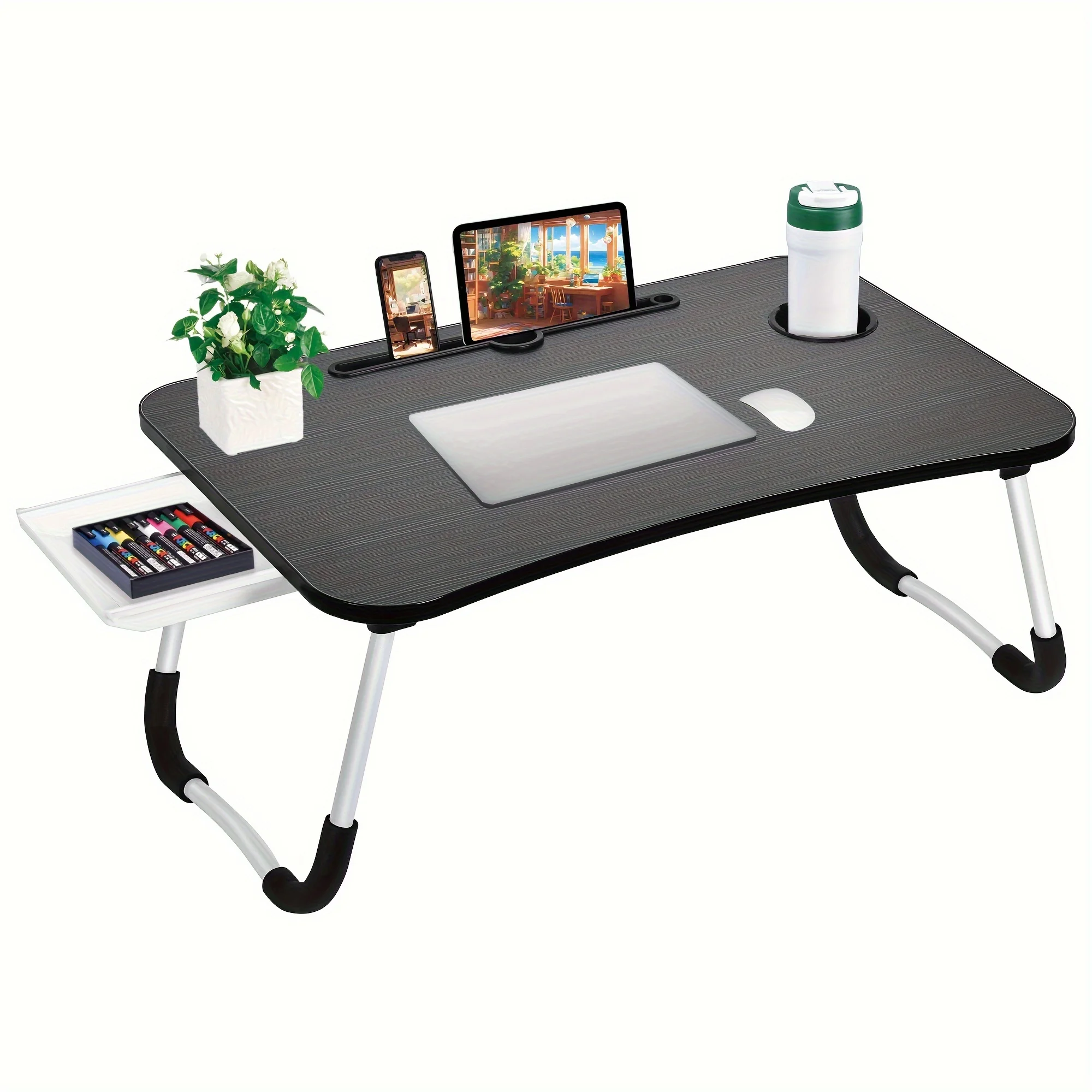 Extra-Large Portable Laptop Bed Desk-Multi-Functional Tray Stand with Cup Holder and Drawer-Stable, Durable, Foldable