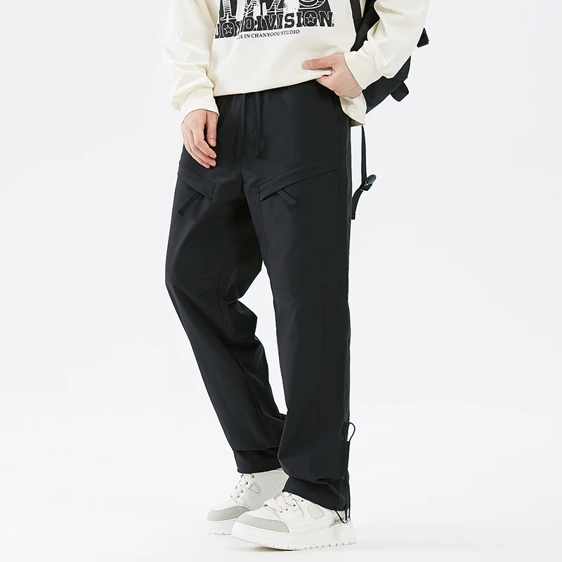 Men's Clothing Spring Autumn Pockets Drawstring Elastic High Waisted Solid Color Casual Trousers Straight England Style Pants
