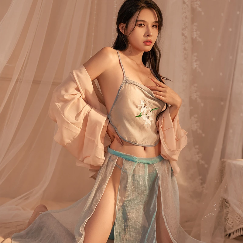 Sexy Lingerie Pornos Suit Embroidered Chinese Style Hanfu Bellyband Cosplay Sexy Costumes Temptation Robe Dress Nightwear men s front pocket letter california los angeles embroidered quarter zip fluffy textured sherpa fleece pullover teddy sweatshirt and ethnic style pais