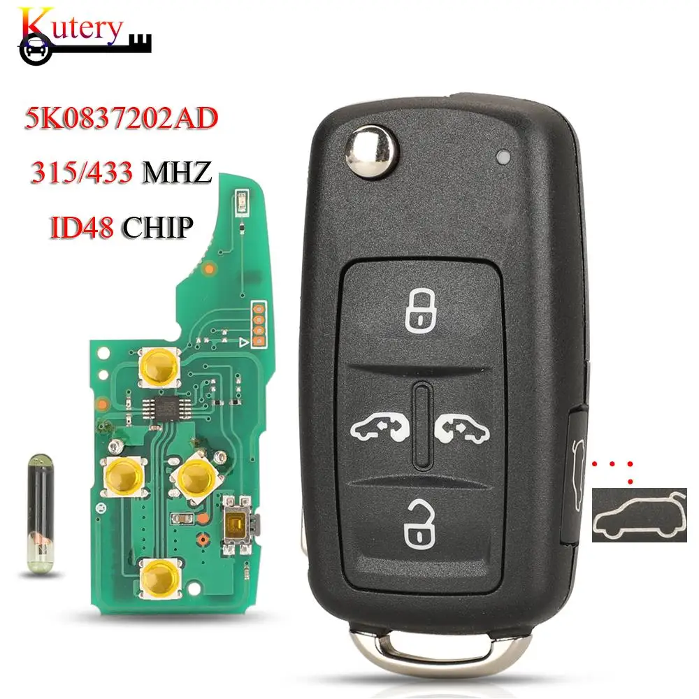 Jingyuqin Key 7N0837202K/F/Ae Chiave Auto Remota Per Volkswagen Vw Caravelle Sharan Multivan 5 Pulsanti 315/434Mhz Chip Id48