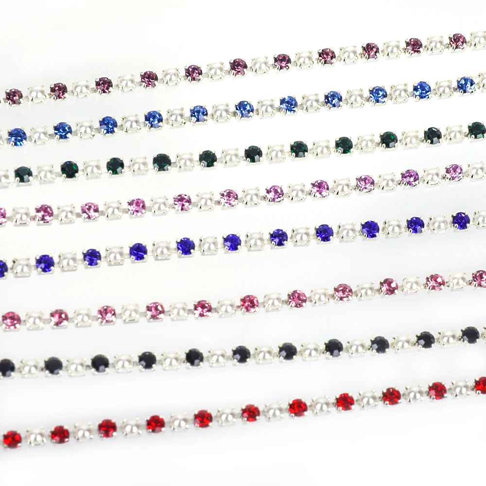 2mm Silber Perle Strass Tasse Kette Band Glas dichte bunte Strass Perle Kette Trim Bekleidung Tasse Kette für DIY Kleidungsstücke – Detail 2