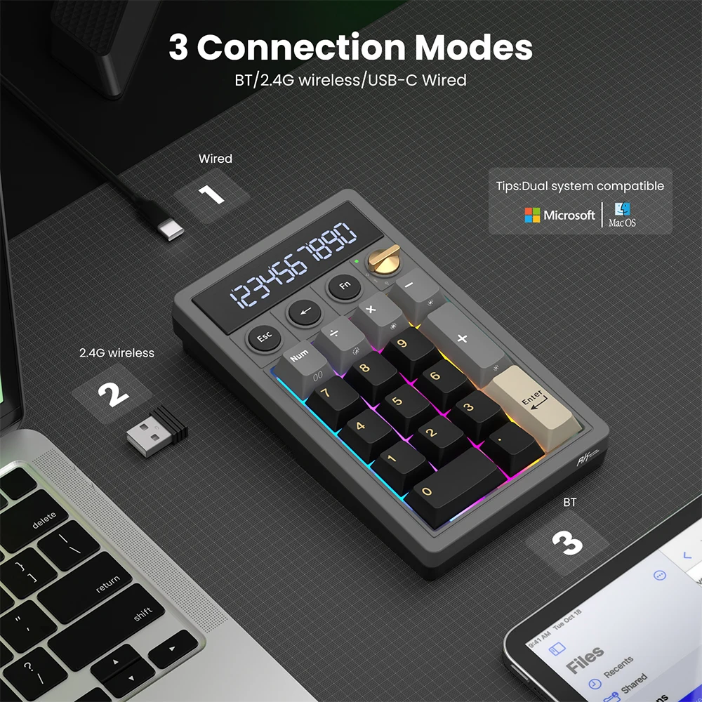 RK ROYAL KLUDGE M20 2.4 무선 숫자 키보드 17키 PBT 키캡 RGB 가스켓 노브 블루투스 계산기 키패드 핫스왑 가능