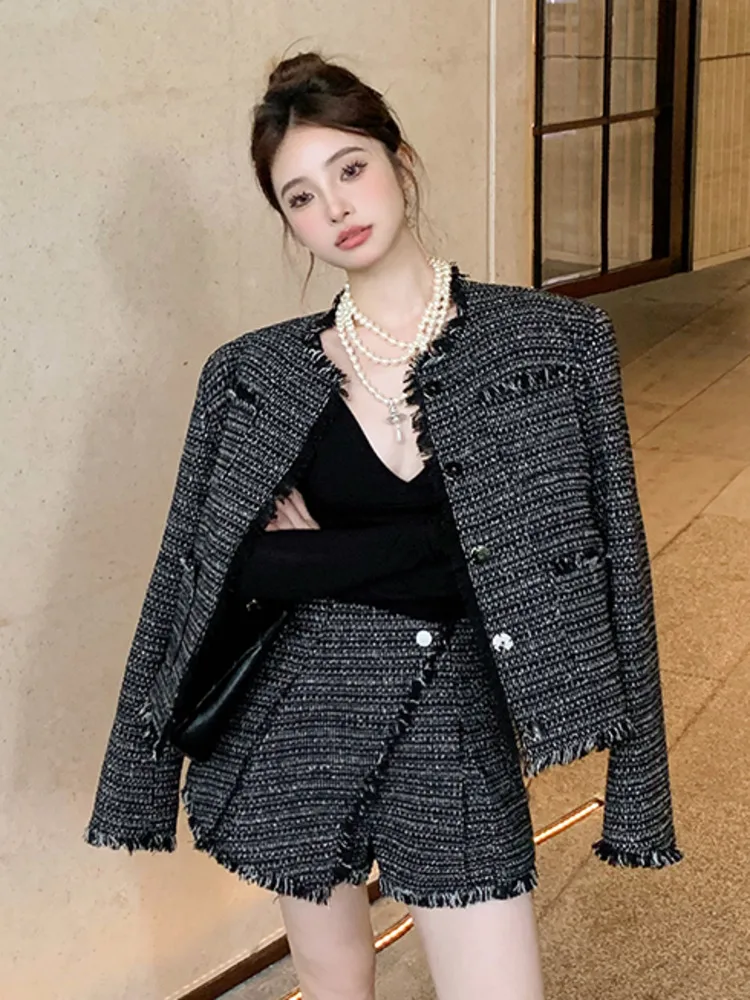 

High Quality French Vintage Small Fragrant Two Piece Set Women Jacket Coat + Short Set Fashion Fried Street 2 Piece Pant Sets