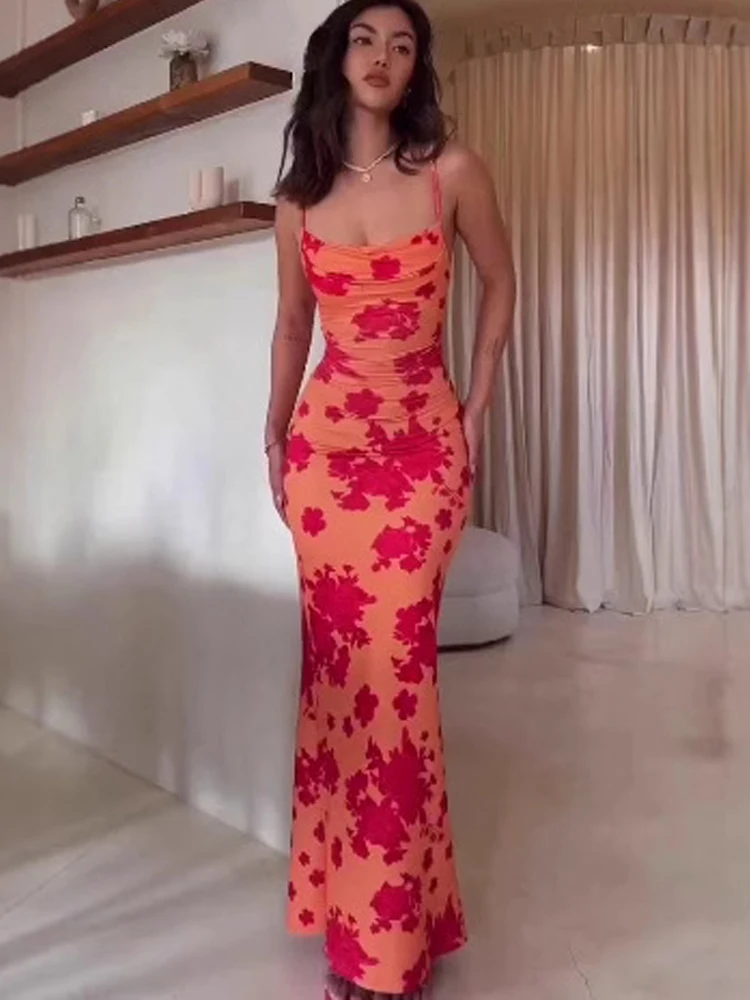 Summer New Printed Suspender U-Shaped Women's Maxi Dress Spaghetti Strap Bodycon Lace-up Orange Ladies Casual Hip Long Skirt
