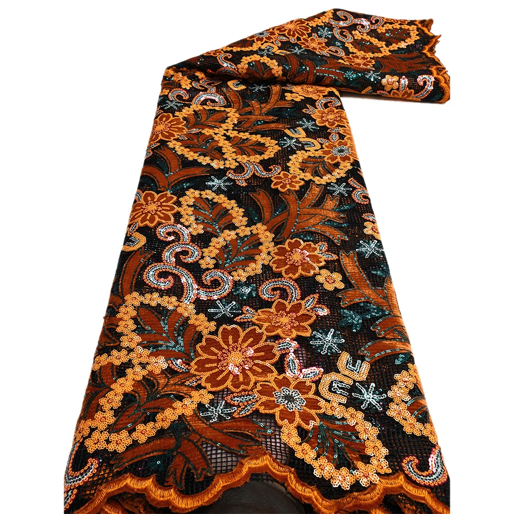 Tissu africain en dentelle de velours 2025, dentelle nigériane, 5 Yards, tissus en dentelle de velours français, pour fête, robe de mariée, tissu à coudre