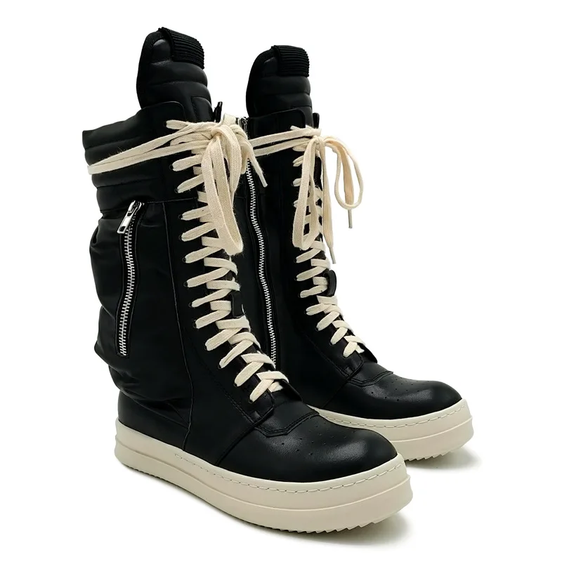 Women Motorcycle Leather Boots Men Luxury Mid-Calf Winter Riding Boots Shoes Casual Zip Flats Black Real Leather Shoes Unisex