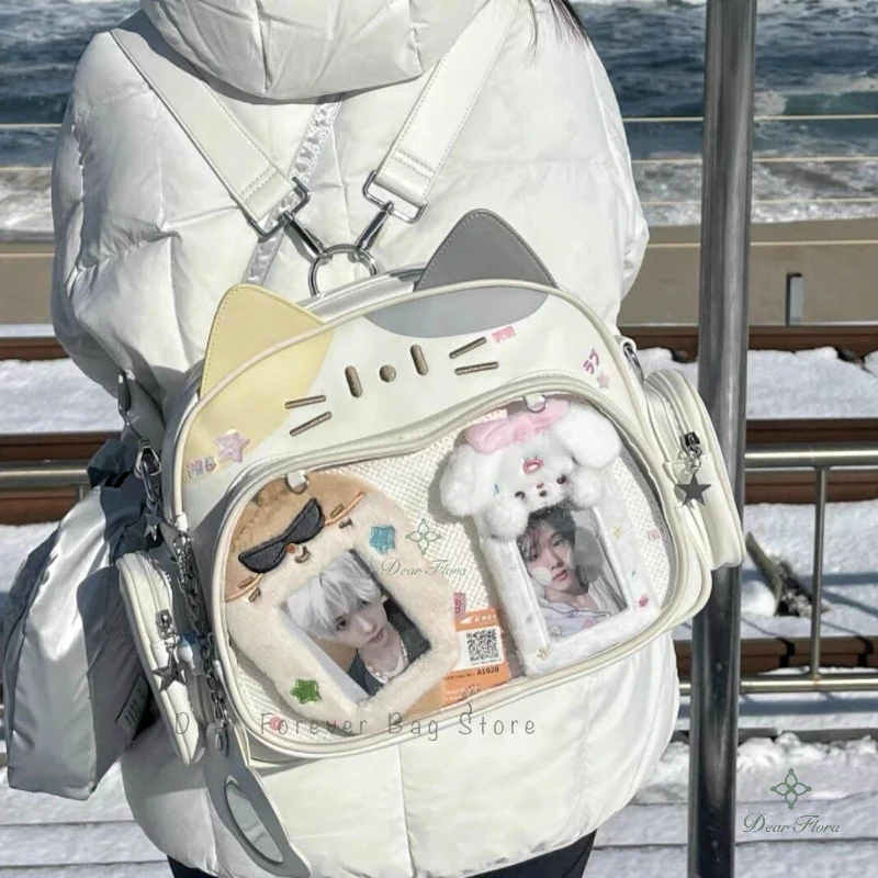 New Y2K Korean Kawaii Cat Ita Bag Cute PU Shoulder Bag Girls Transparent Pocket Harajuku Crossbody Bag Women's Fashion Backpacks 6