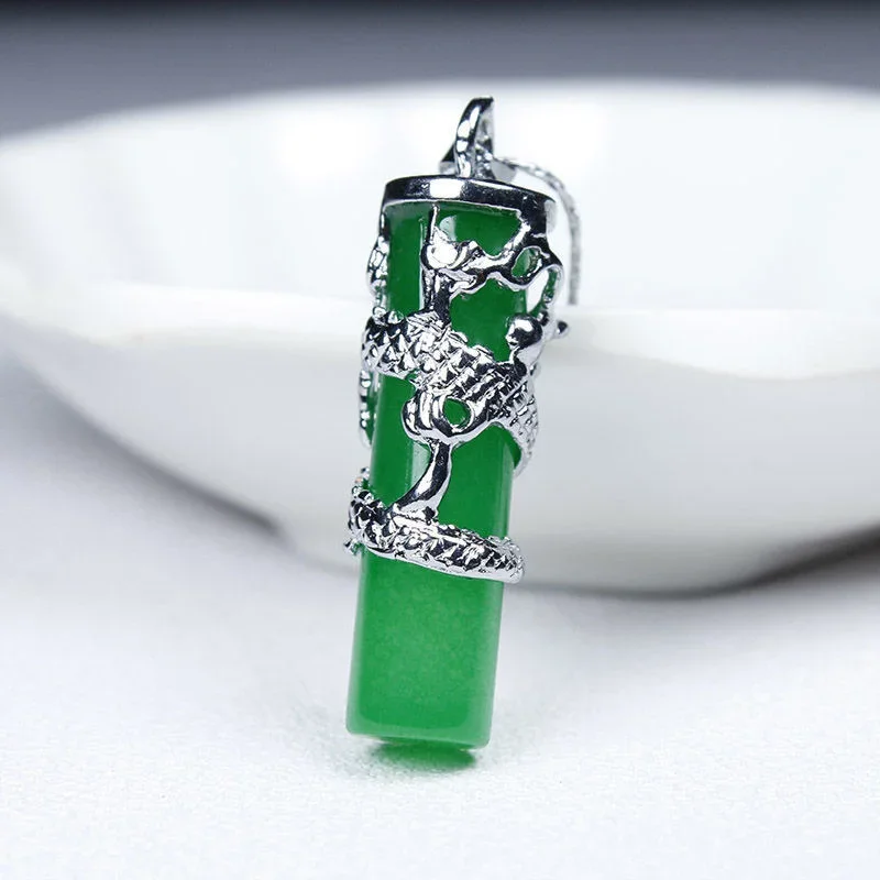 Natural Green Jade Dragon Pillar Pendant 925 Silver Necklace Carved Charm Jewelry Fashion Accessories Amulet for Men Women Gifts