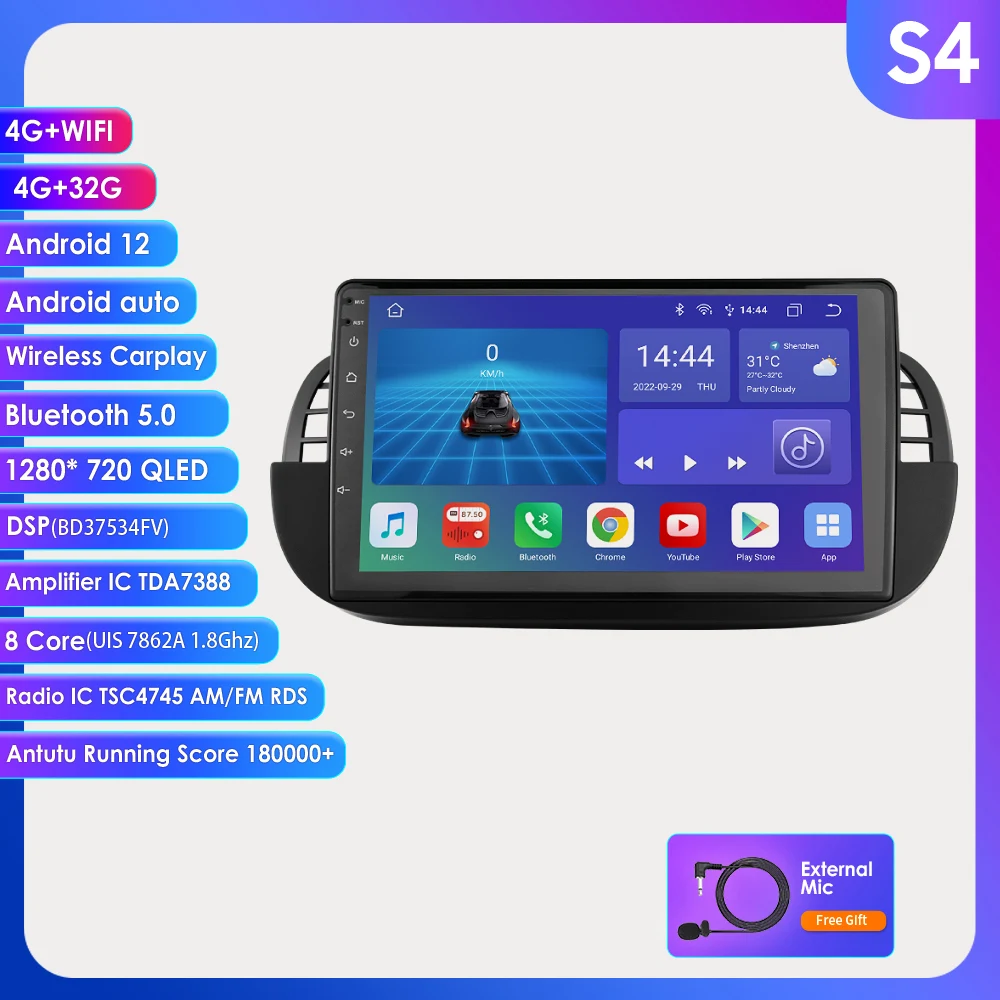 

Android Car Auto radio For FIAT 500 2007-2014 Multimedia Video player Navigation GPS Carplay 7"9"Head Unit 4G SWC RDS DSP Stereo