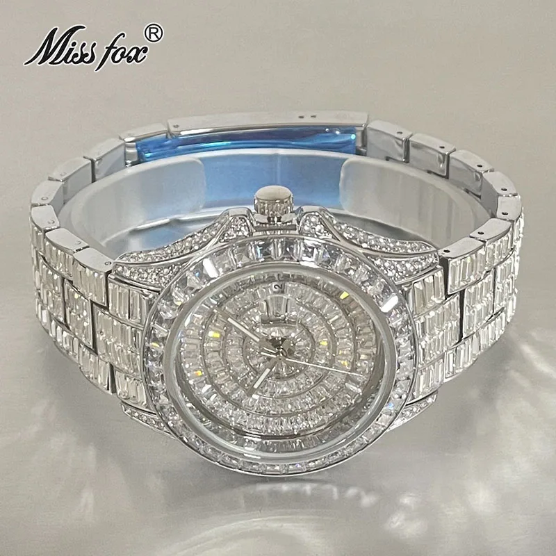 Fashion Men's Iced Out Watches Brand MISSFOX Luxury Automatic Date Male Clock Hip Hop Big Square Diamond Bling Wristwatch Reloj