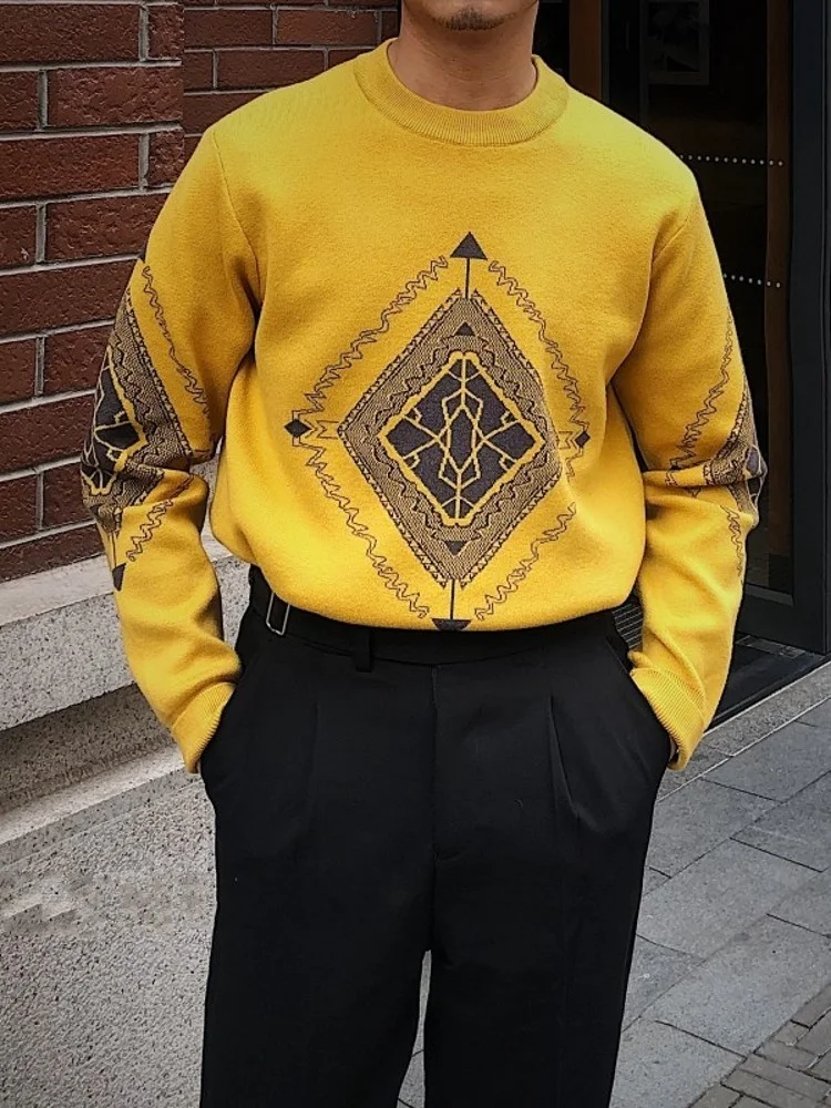 

Men Vintage Pattern Pullover Sweater Top Thick Warm Autumn Winter O Neck Knitwear Casual Streetwear Long Sleeve Knitted Sweaters