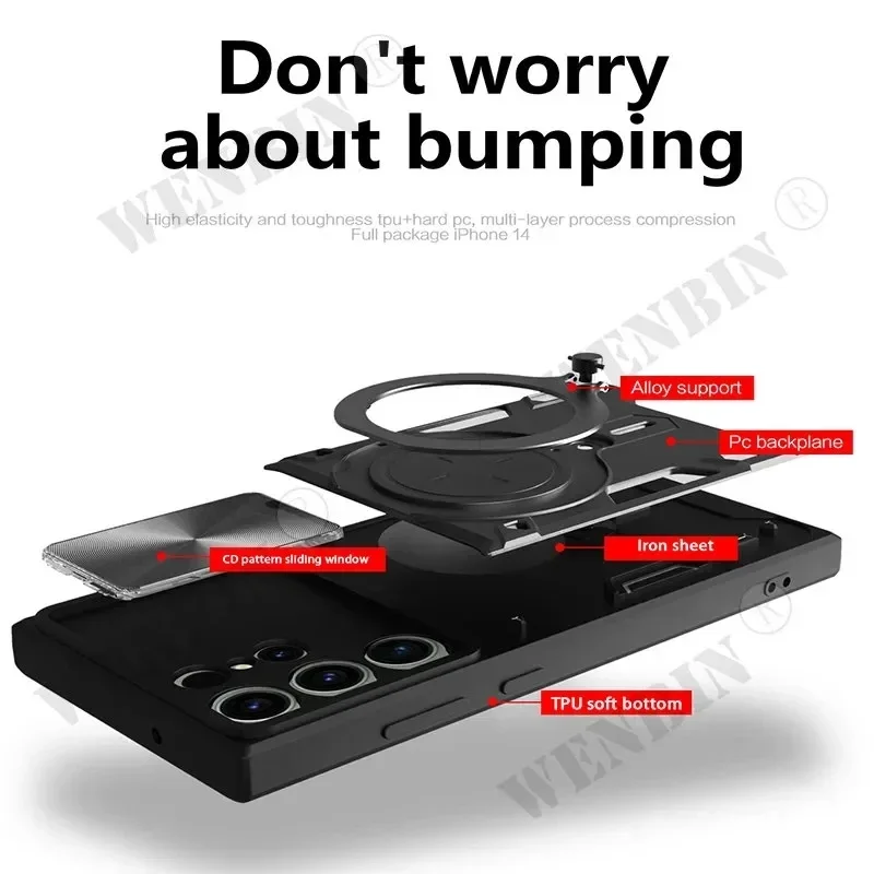 Dėklas, skirtas Samsung S24 S23 S22 S21 Ultra Plus A55 A35 A15 A34 A14 Magnetiškai besisukantis stumdomas fotoaparatas 360 pasukamas stovo korpuso dangtelis_voghion.com