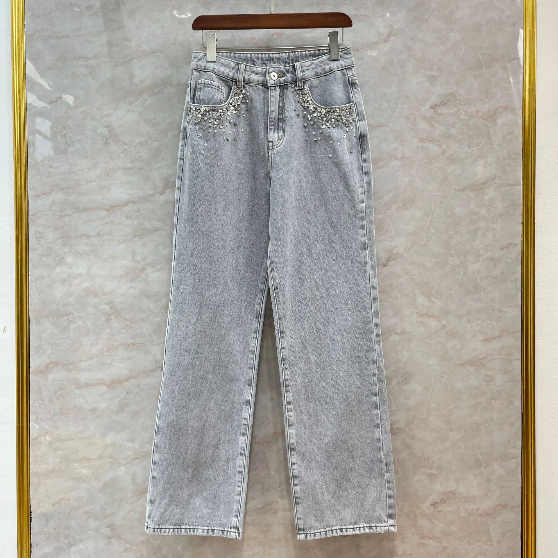 Korean Style Autumn Fashion Women High Quality Rhinestone High-rise Jeans Brand New Designer Straight Denim Pants C302