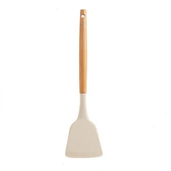 Non - Stick Silicone Cooking Utensils with Wooden Handles - Premium Kitchen Tool Set (White spatula)