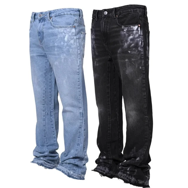 Men's Fashion Jeans Work Pants, European and American Fashion Workwear Elastic Patchwork Denim Layered Flared Pants S-XXL 1