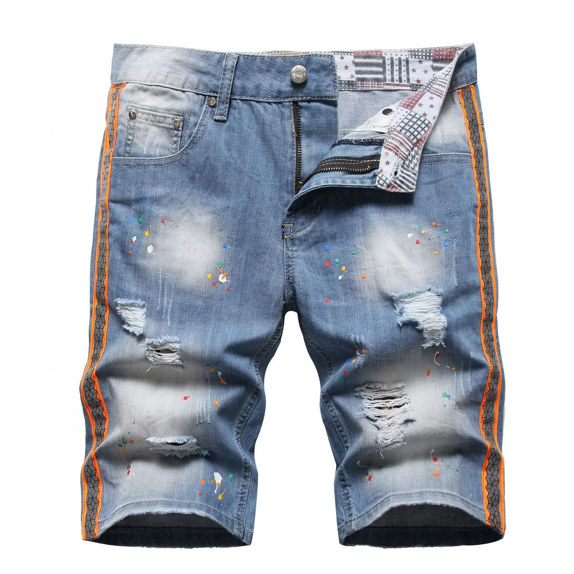 European and American fashion shorts night reflective colored webbing holes hand spilled paint denim pants