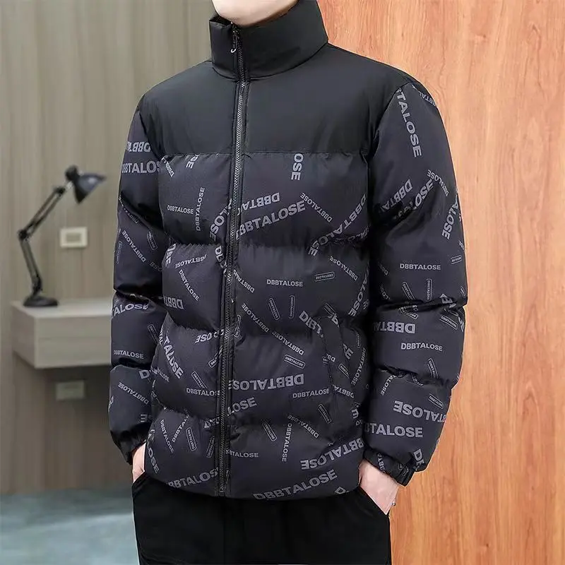 Autumn and Winter Printed Pattern Casual Parkas Men's Long Sleeved Stand Collar Zipper Wadded Jacket