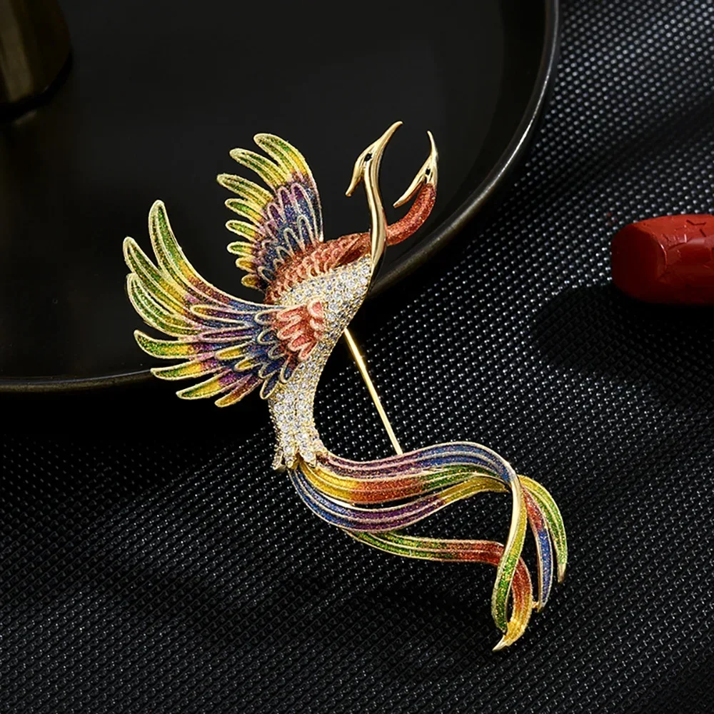 Exquisite Rhinestone Phoenix Brooch for Women Luxury Enamel Color PINs Fashion Cloth Bags Accessories Elegant Bird Jewelry Gifts
