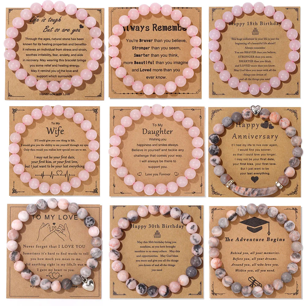 Rosa Zebra Rose Quarzs Perlen Armband Naturstein Herz bösen Blick Kompass Charme Armbänder für Frauen Schmuck mit Karte Armreifen