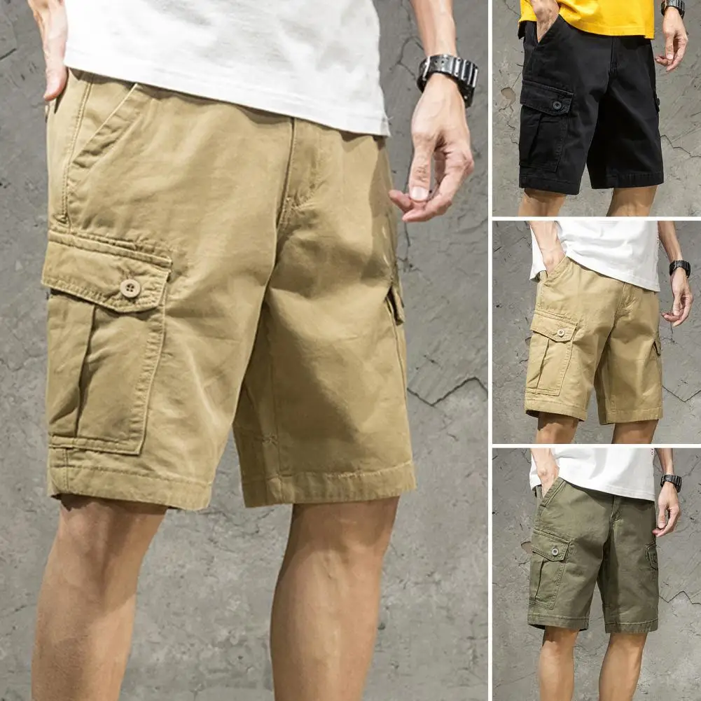 

Summer Mens Short Trousers Multi Pockets Button Flying Fashion Shorts Mid Rise Solid Color Straight Cargo Shorts Streetwear