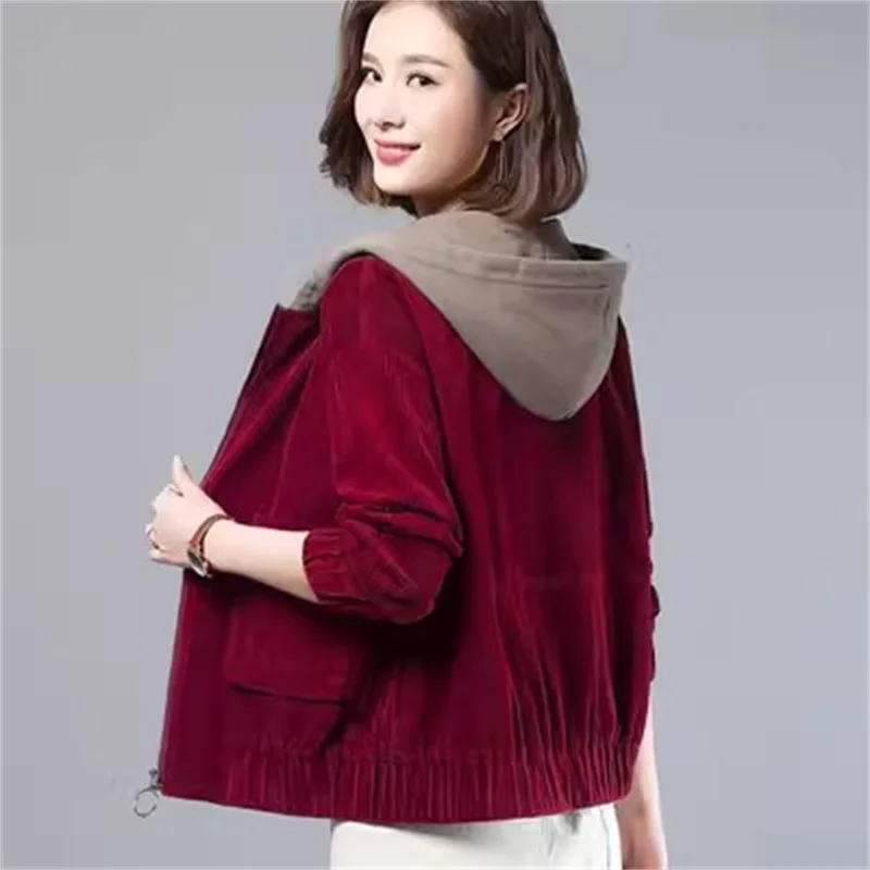 Thickened Corduroy jacket For Women Spring Autumn Winter Loose fit for middle-Aged Mothers Korean hooded versatile Short Jacket