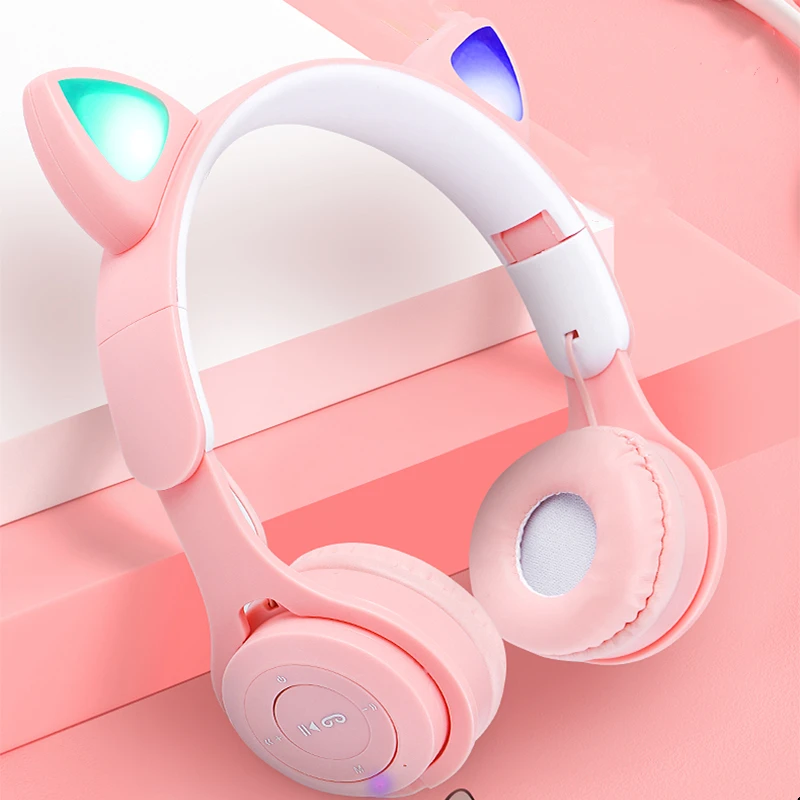 Cat Helmet Wireless Bluetooth Headphones Kids Headphones Cat Ear Music Game Headset with Flash LED Light Kids Gifts
