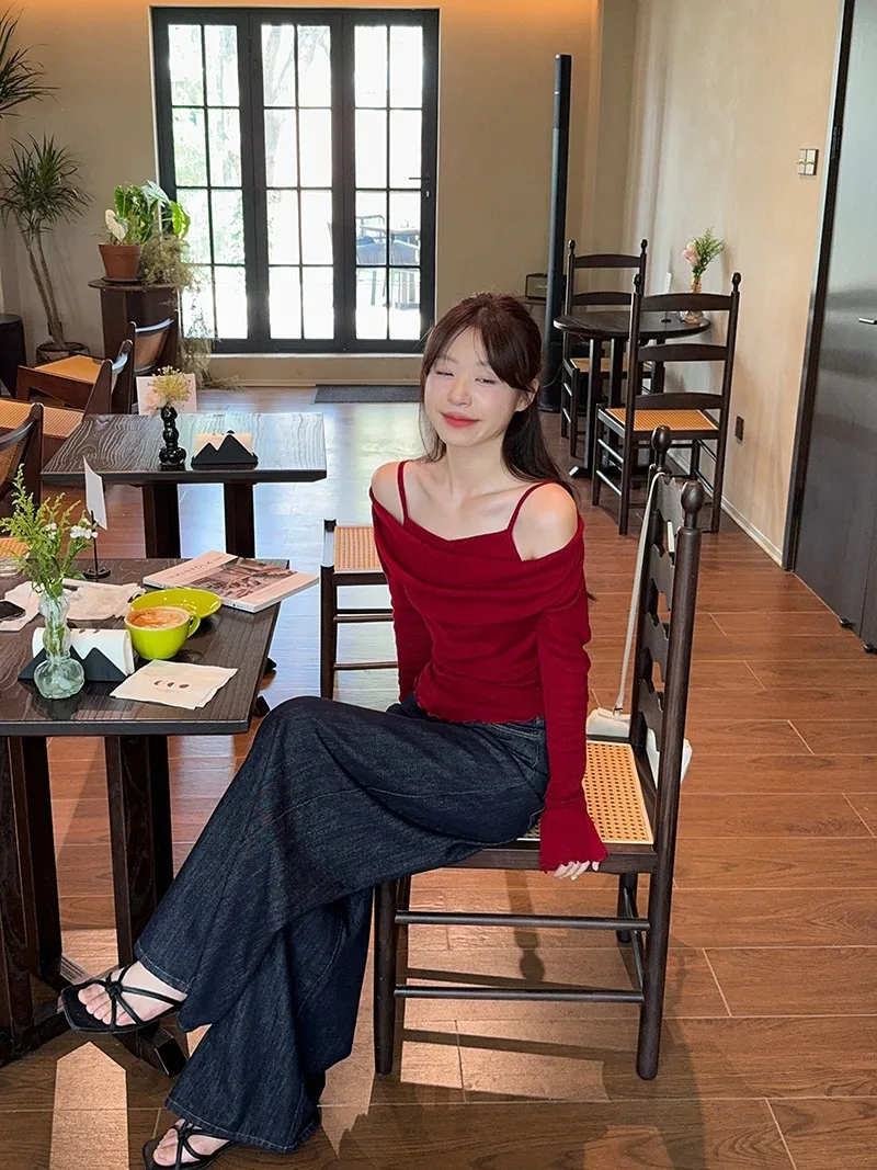 Fake Two-piece Off Shoulder Long Sleeve T-shirt Women's Sexy Slash Neck Flare Sleeve Base Shirt Top Autumn Casual Slim Fit Tops
