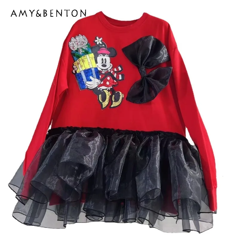 

2023 New Autumn Short Kawaii Dress High-End Designer Model Trend Cartoon Embroidered Bownot Chiffon Sweatshirt Vestidos De Mujer