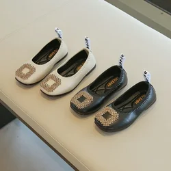 Size 21-35 Girls Loafers Soft Flexible Flat Shoes Children Slip-on Shoes Rhinestone Metal Charm Kids Princess Shoes For Girl
