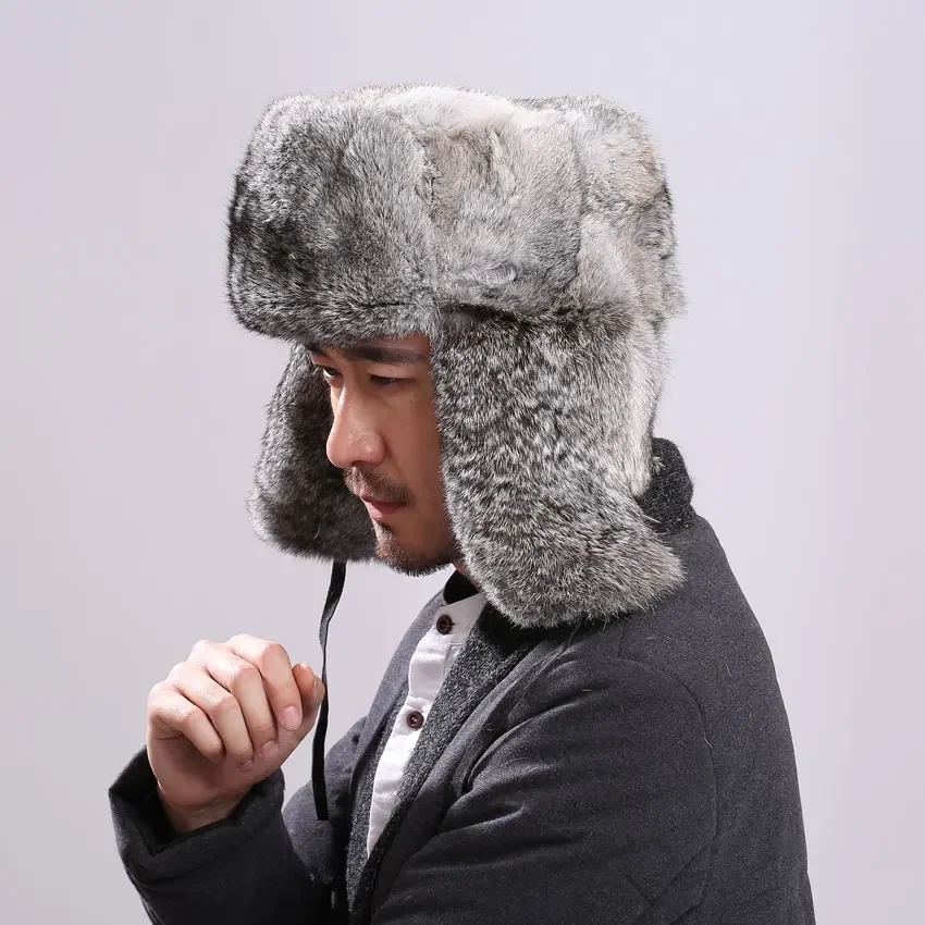 

Warm Bomber Hat Real Rabbit Fur Cap Earflap Trapper Russian Cap Unisex Winter Hats for Men Ski Russian Bonnets Fur Hat Wholesale