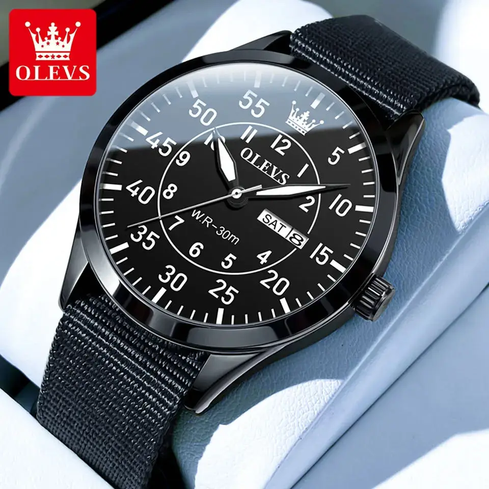 OLEVS Quartz Watch for Men Original Army Green Nylon Strap Waterproof Lumious Dual Calendar Sport Fashion Style Men's Wristwatch