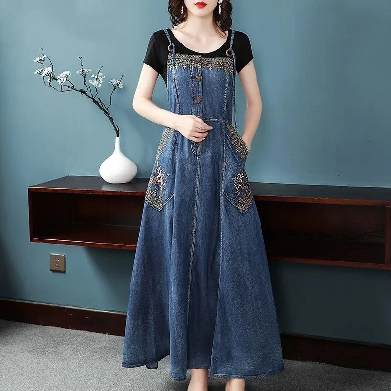 

2024 Spring Summer New Denim Strap Dress Women Retro Embroidery Long Jeans Dresses Fashion Adjustable Suspenders Denim Vestidos